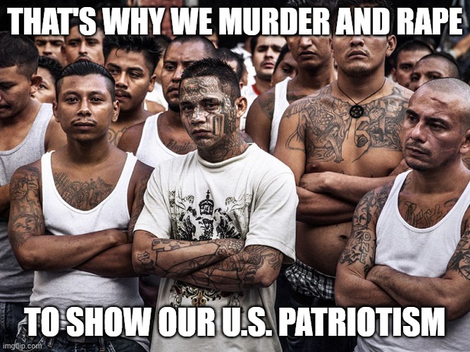 that's why we murder and rape to show our U.S. patriotism | image tagged in ms-13 dreamers daca | made w/ Imgflip meme maker