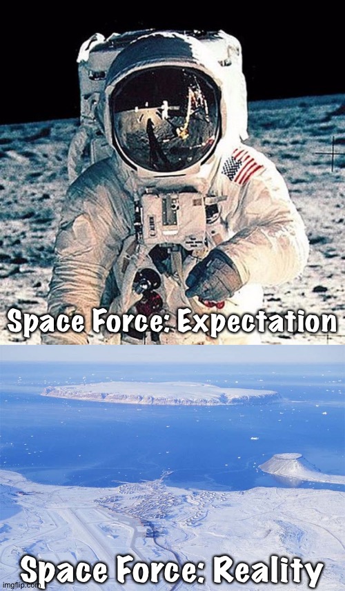 You might not like your assignment | Space Force: Expectation; Space Force: Reality | image tagged in spaceman,greenland | made w/ Imgflip meme maker