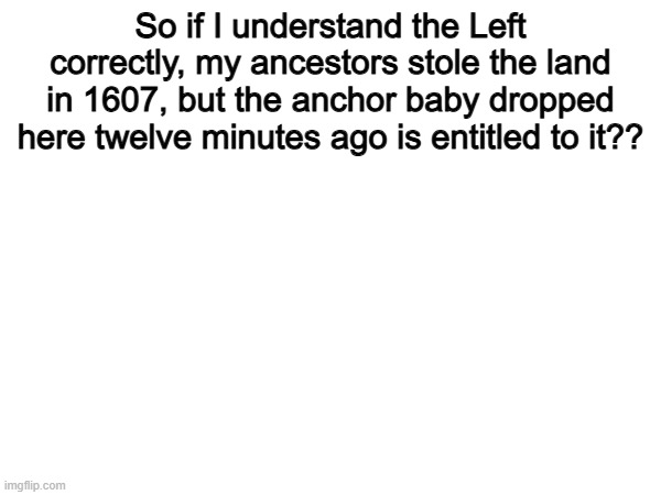 Explain this one | So if I understand the Left correctly, my ancestors stole the land in 1607, but the anchor baby dropped here twelve minutes ago is entitled to it?? | image tagged in memes,funny,leftists,politics,political meme | made w/ Imgflip meme maker