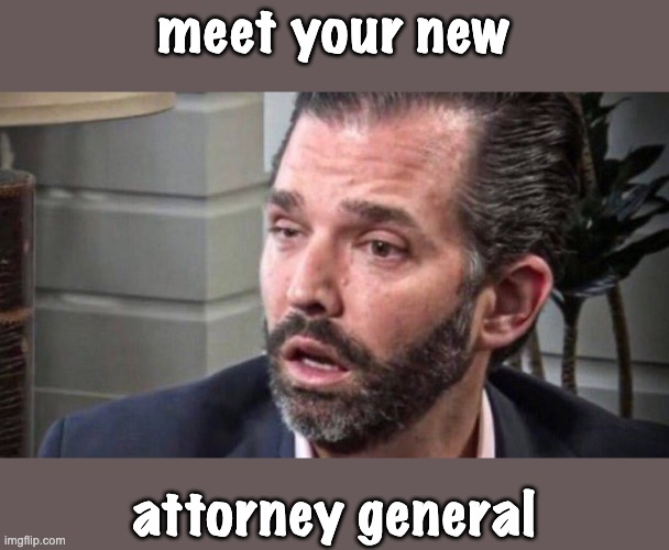 don trump jr coked up (facing left) | meet your new attorney general | image tagged in don trump jr coked up facing left | made w/ Imgflip meme maker
