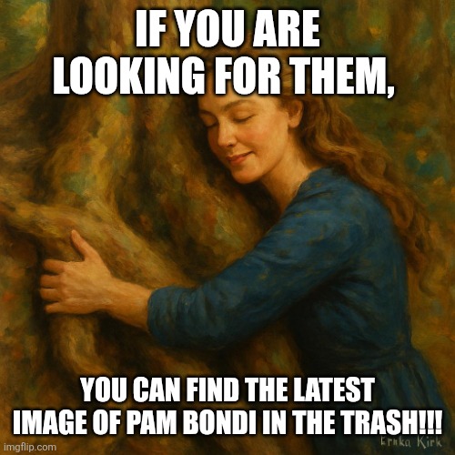 Who was responsible for prosecuting Jeffrey at the State level? | If you are looking for them, You can find the latest image of Pam Bondi in the trash!!! | image tagged in erika kirk hugging a root | made w/ Imgflip meme maker