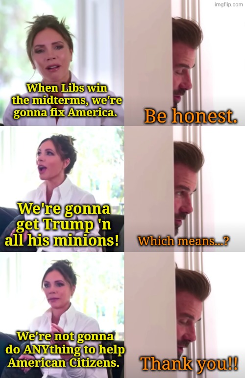 And raise our salaries, too! | When Libs win the midterms, we're gonna fix America. Be honest. We're gonna get Trump 'n all his minions! Which means...? We're not gonna do ANYthing to help American Citizens. Thank you!! | image tagged in victoria david beckham be honest | made w/ Imgflip meme maker