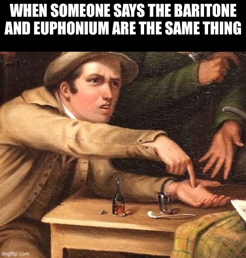 I’ve had to explain this SO MUCH | When someone says the baritone and euphonium are the same thing | image tagged in angry man pointing at hand,band,memes | made w/ Imgflip meme maker