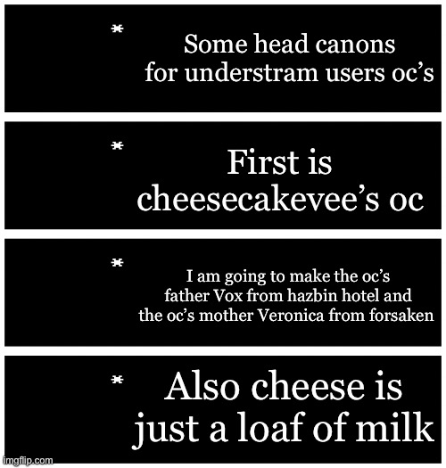 4 undertale textboxes | Some head canons for understram users oc’s; First is cheesecakevee’s oc; I am going to make the oc’s father Vox from hazbin hotel and the oc’s mother Veronica from forsaken; Also cheese is just a loaf of milk | image tagged in 4 undertale textboxes | made w/ Imgflip meme maker