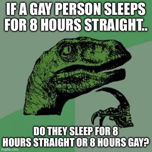 My LGBTQ folks in this stream think about this for a second | If a gay person sleeps for 8 hours straight.. Do they sleep for 8 hours straight or 8 hours gay? | image tagged in memes,philosoraptor,gay | made w/ Imgflip meme maker