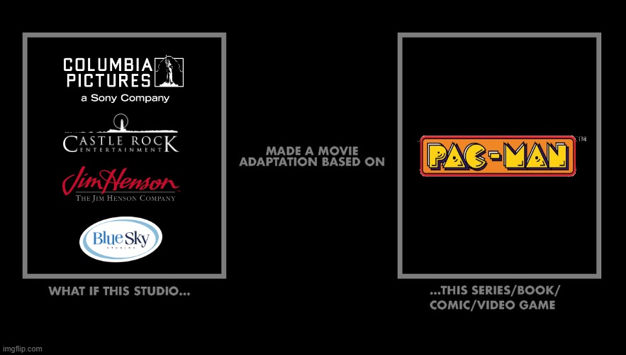 What if These studios made an movie adaptation based on Pac-Man video game series? | image tagged in pac-man,movie adaptation,columbia pictures,blue sky studios,the jim henson company,memes | made w/ Imgflip meme maker