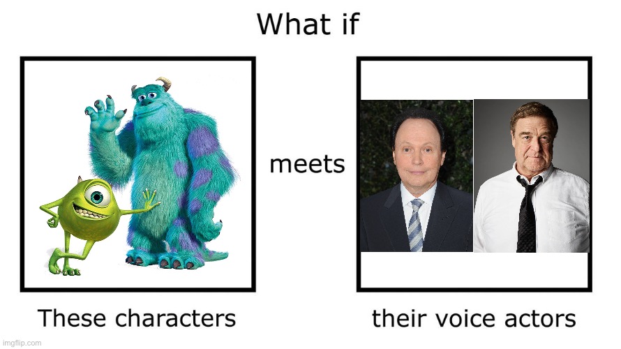 What If James P. Sullivan and Mike Wazowski (Monsters, Inc.) meets Their Voice Actors | image tagged in what if these characters meets their voice actors,monsters inc,pixar,disney,meme,voice actors | made w/ Imgflip meme maker