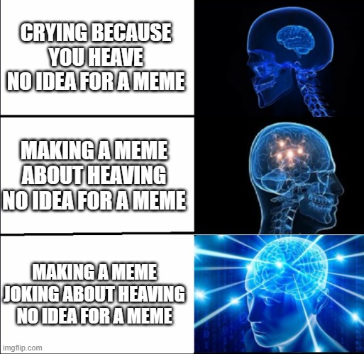 and i still heave no idea for a meme | crying because you heave no idea for a meme; making a meme about heaving no idea for a meme; making a meme joking about heaving no idea for a meme | image tagged in galaxy brain 3 brains | made w/ Imgflip meme maker