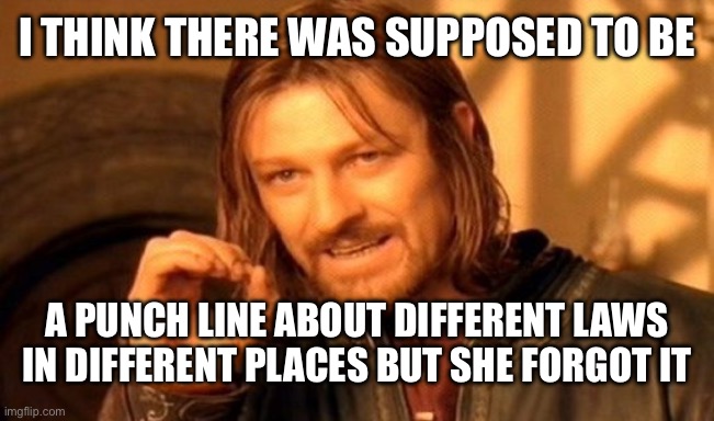 I think there was supposed to be A punch line about different laws in different places but she forgot it | image tagged in memes,one does not simply | made w/ Imgflip meme maker