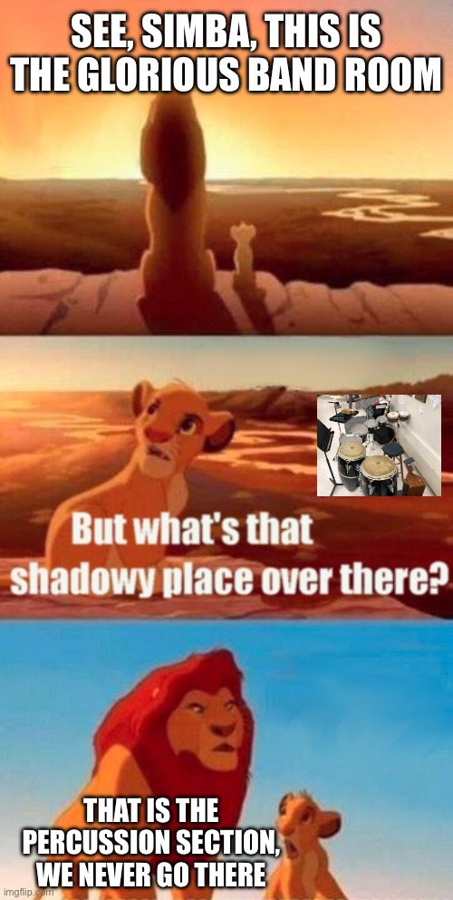 Unless you guys want a ruptured eardrum | See, simba, this is the glorious band room; That is the percussion section, we never go there | image tagged in memes,simba shadowy place,band | made w/ Imgflip meme maker