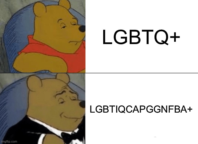 Look it up if you don’t know the meaning | LGBTQ+; LGBTIQCAPGGNFBA+ | image tagged in memes,tuxedo winnie the pooh,lgbtq | made w/ Imgflip meme maker