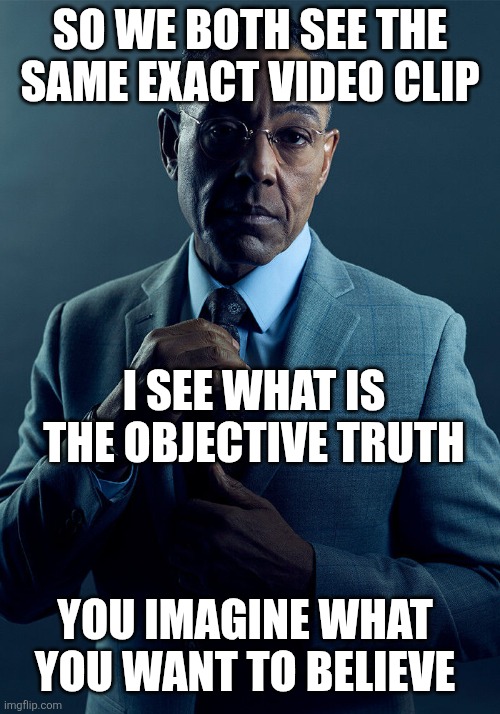 So we both see the same exact video clip I see what is the objective truth you imagine what you want to believe | image tagged in gus fring we are not the same | made w/ Imgflip meme maker