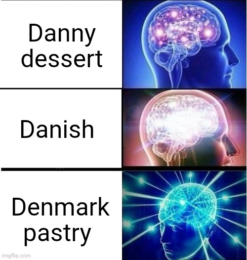 Danny dessert Danish Denmark pastry | image tagged in expanding brain 3 panels | made w/ Imgflip meme maker