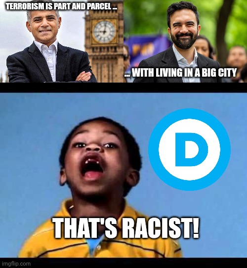 Terrorism is part and parcel ... ... With living in a big city That's racist! | image tagged in sadiq khan,zohran mamdani grinning,that's racist 2 | made w/ Imgflip meme maker