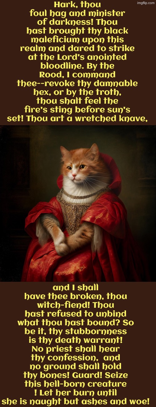Hark, Thou Foul Hag | Hark, thou foul hag and minister of darkness! Thou hast brought thy black maleficium upon this realm and dared to strike at the Lord's anointed bloodline. By the Rood, I command thee--revoke thy damnable hex, or by the troth, thou shalt feel the fire's sting before sun's set! Thou art a wretched knave, and I shall have thee broken, thou witch-fiend! Thou hast refused to unbind what thou hast bound? So be it, thy stubbornness is thy death warrant! No priest shall hear thy confession,  and no ground shall hold thy bones! Guard! Seize this hell-born creature ! Let her burn until she is naught but ashes and woe! | image tagged in cats,medieval memes,the queen,witches,cursed,execution | made w/ Imgflip meme maker