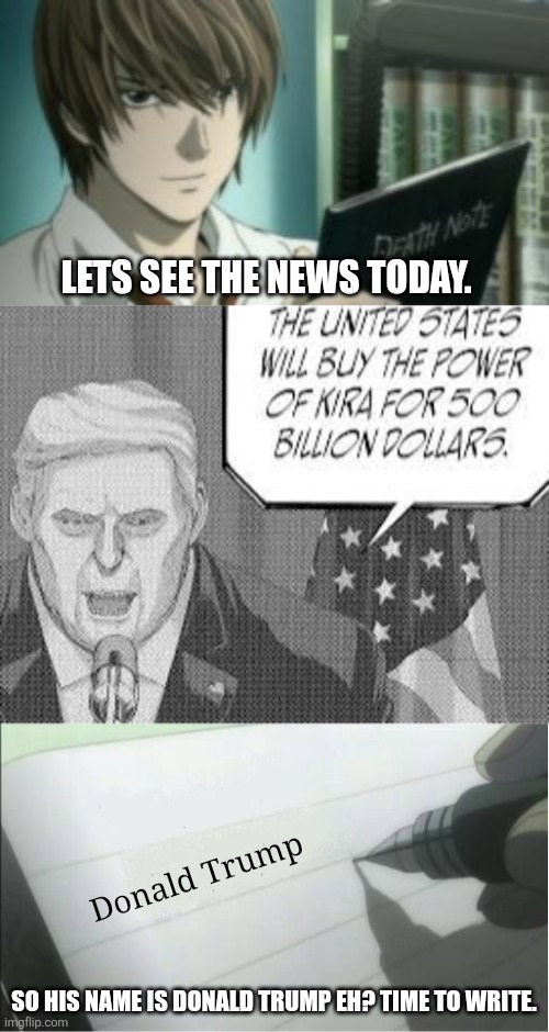 Lets see the news today. Donald Trump; So his name is Donald Trump eh? Time to write. | image tagged in memes,trump,light | made w/ Imgflip meme maker
