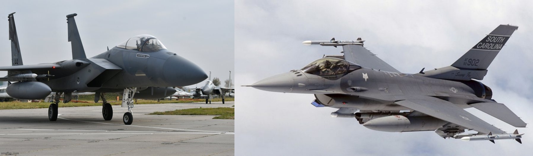 Would you rather stick it in an F-15E Strike Eagle of an F-16 C Bl.40 Fighting Falcon? | image tagged in f-15 eagle,f16 | made w/ Imgflip meme maker