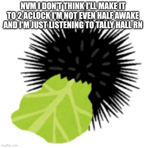 Ill go to sleep around 1 | Nvm I don't think I'll make it to 2 aclock I'm not even half awake and I'm just listening to tally hall rn | image tagged in illustration of a sea urchin eating cabbage | made w/ Imgflip meme maker