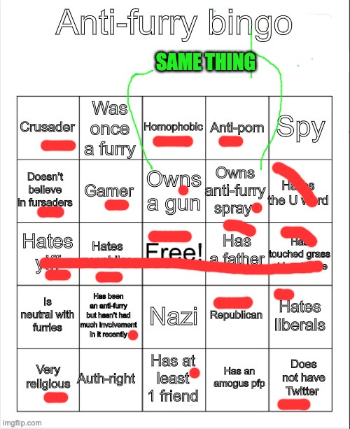Anti-Furry bingo | same thing | image tagged in anti-furry bingo | made w/ Imgflip meme maker