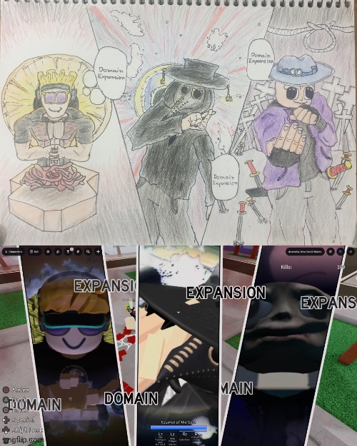 Triple domain clash drawing of me and my friends avatars (reference image below, I'm the one on the right) | made w/ Imgflip meme maker