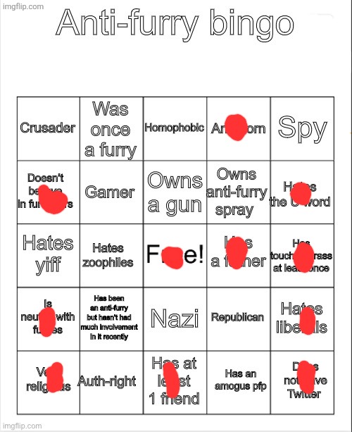 Anti-Furry bingo | image tagged in anti-furry bingo | made w/ Imgflip meme maker
