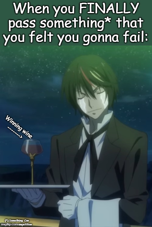 HOLY SHEET | When you FINALLY pass something* that you felt you gonna fail:; Winning wine
------->; (*) Something: Can be exam or competition | image tagged in funny,fun | made w/ Imgflip meme maker