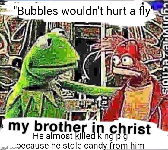 Yall need to watch ham'o'ween | "Bubbles wouldn't hurt a fly"; He almost killed king pig because he stole candy from him | image tagged in my brother in christ,angry birds,angry birds pig | made w/ Imgflip meme maker