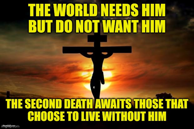 Jesus on the cross | The world needs Him
But do not want Him; The second death awaits those that
Choose to live without Him | image tagged in jesus on the cross | made w/ Imgflip meme maker