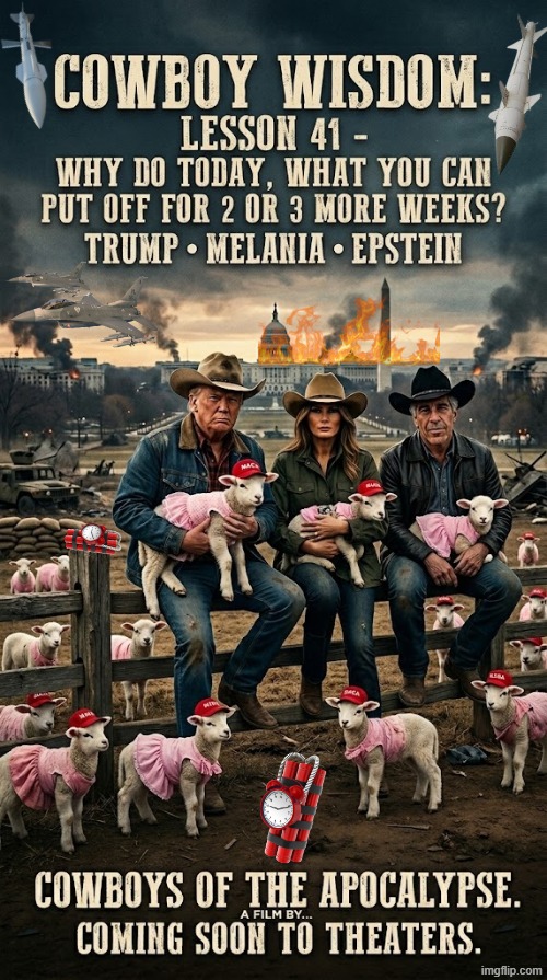 COWBOY WISDOM: LESSON 41 | image tagged in cowboy father and son,cowboy wisdom,donald trump,jeffrey epstein,iran,memes | made w/ Imgflip meme maker