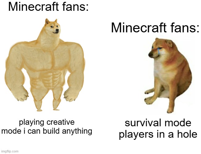 Minecraft fans | Minecraft fans:; Minecraft fans:; playing creative mode i can build anything; survival mode players in a hole | image tagged in memes,buff doge vs cheems | made w/ Imgflip meme maker