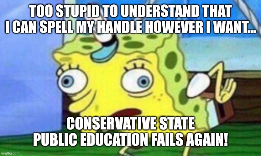 Too stupid to understand that I can spell my handle however I want... Conservative state public education fails again! | image tagged in spongebob stupid | made w/ Imgflip meme maker