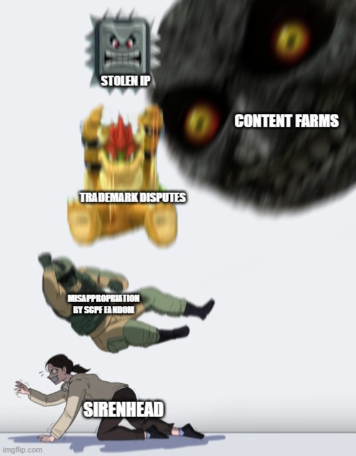 Content farms DESTROY horror. | Stolen IP; Content Farms; Trademark Disputes; Misappropriation by SCPF Fandom; Sirenhead | image tagged in crushing combo | made w/ Imgflip meme maker