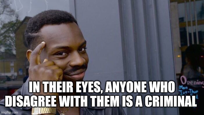 Roll Safe Think About It Meme | In their eyes, anyone who disagree with them is a criminal | image tagged in memes,roll safe think about it | made w/ Imgflip meme maker