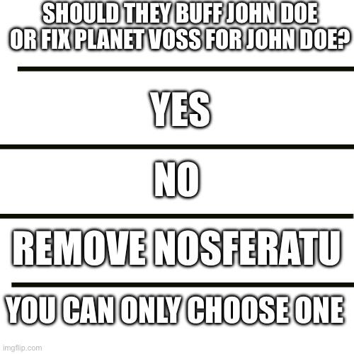 Should they buff John Doe or fix planet Voss for John Doe? Yes; No; Remove nosferatu; You can only choose one | image tagged in nerf two time to the ground,14 nerfs | made w/ Imgflip meme maker