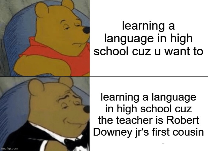 my math teacher in a nutshell: | learning a language in high school cuz u want to; learning a language in high school cuz the teacher is Robert Downey jr's first cousin | image tagged in memes,tuxedo winnie the pooh | made w/ Imgflip meme maker