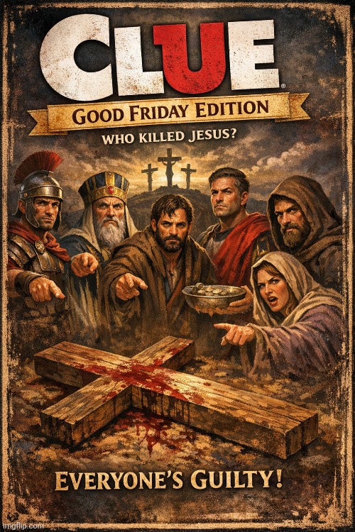 Everyone, with the cross, on Calvary | image tagged in clue,good friday,jesus,ai | made w/ Imgflip meme maker
