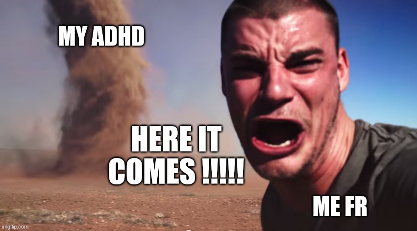 why does my adhd do this to me | my adhd; here it comes !!!!! me fr | image tagged in here it comes | made w/ Imgflip meme maker