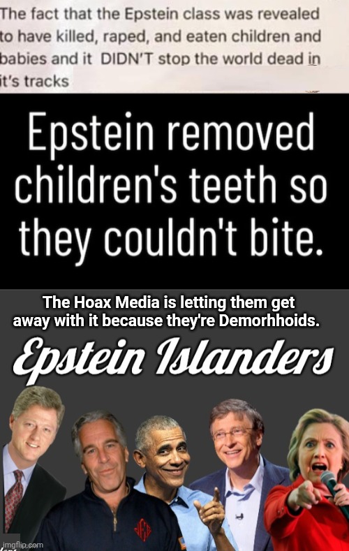 The Hoax Media is letting them get away with it | The Hoax Media is letting them get away with it because they're Demorhhoids. | image tagged in epstein islanders,cannibals,democrats | made w/ Imgflip meme maker