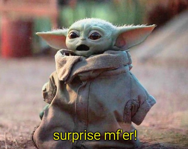 Surprised Baby Yoda | surprise mf'er! | image tagged in surprised baby yoda | made w/ Imgflip meme maker