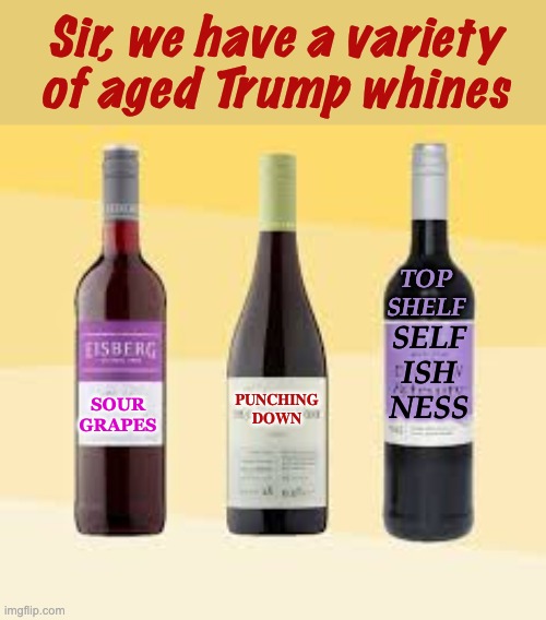 Sir, we have a variety
of aged Trump whines sour
grapes punching
down self
ish
ness top shelf | made w/ Imgflip meme maker