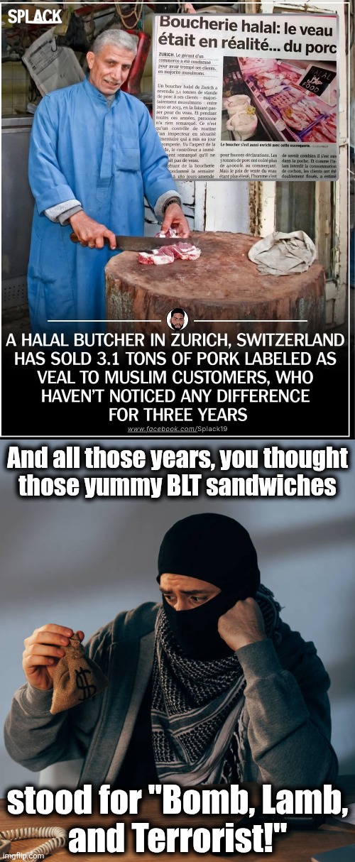 It's so confusing out there | And all those years, you thought
those yummy BLT sandwiches; stood for "Bomb, Lamb,
and Terrorist!" | image tagged in memes,lamb,pork,switzerland,blt,fake | made w/ Imgflip meme maker