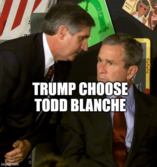 TRUMP CHOOSE TODD BLANCHE | image tagged in george bush wisper | made w/ Imgflip meme maker