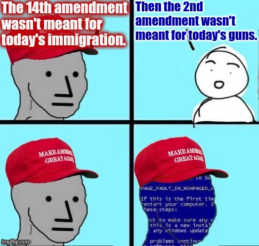 NPC MAGA blue screen fixed textboxes | The 14th amendment wasn't meant for today's immigration. Then the 2nd amendment wasn't meant for today's guns. | image tagged in npc maga blue screen fixed textboxes | made w/ Imgflip meme maker