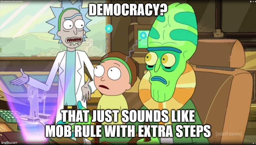 rick and morty slavery with extra steps | democracy? That just sounds like mob rule with extra steps | image tagged in rick and morty slavery with extra steps | made w/ Imgflip meme maker