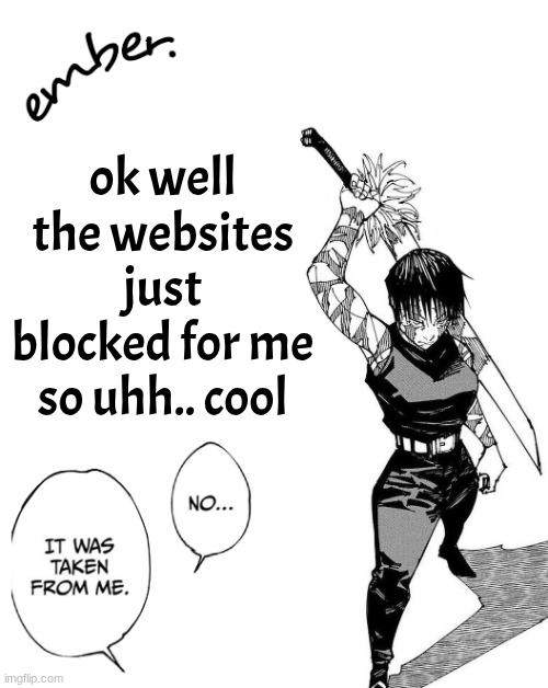 Maki Zenin. | ok well the websites just blocked for me so uhh.. cool | image tagged in maki zenin | made w/ Imgflip meme maker