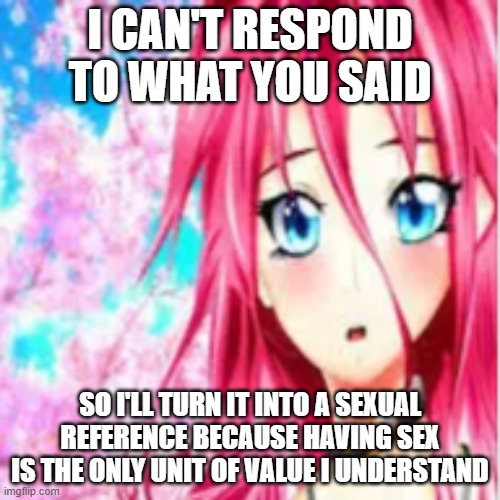 Having sex is the only unit of value I understand | I can't respond to what you said; so I'll turn it into a sexual reference because having sex is the only unit of value I understand | image tagged in pink hair anime girl | made w/ Imgflip meme maker