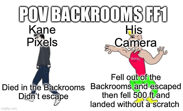 Backrooms ff1 be like | POV Backrooms ff1; Kane
Pixels; His 
Camera; Fell out of the Backrooms and escaped then fell 500 ft and landed without a scratch; Died in the Backrooms
Didn’t escape | image tagged in virgin vs chad,backrooms,the backrooms,camera | made w/ Imgflip meme maker