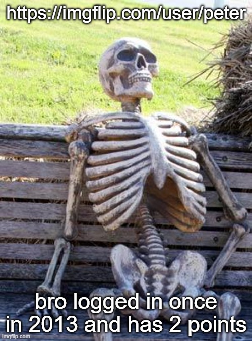 Waiting Skeleton | https://imgflip.com/user/peter; bro logged in once in 2013 and has 2 points | image tagged in memes,waiting skeleton | made w/ Imgflip meme maker