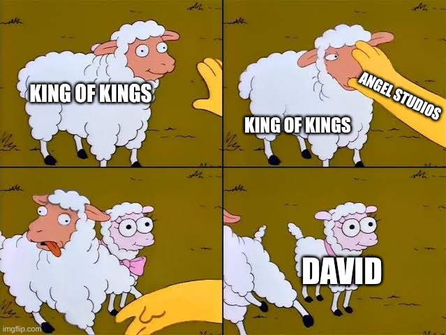 Sheep, cartoon, Simpsons, | King of Kings; Angel Studios; King of Kings; David | image tagged in sheep cartoon simpsons | made w/ Imgflip meme maker