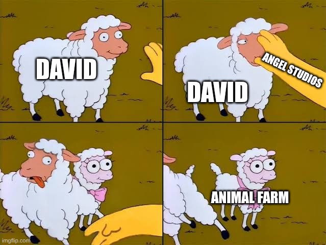 Sheep, cartoon, Simpsons, | David; Angel Studios; David; Animal Farm | image tagged in sheep cartoon simpsons | made w/ Imgflip meme maker
